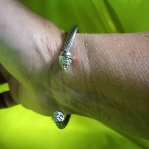 Silvertone twisted wire cuff bracelet Crystal adjustable